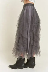 PLUS LAYER POLKA DOT MESH LINED A-LINE MIDI SKIRT - Femstylo