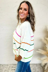 White Striped Half Sleeve Drop Shoulder Sweater - Femstylo