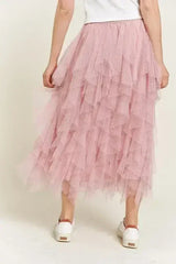 LAYERED POLKA DOT MESH LINED A-LINE MIDI SKIRT - Femstylo