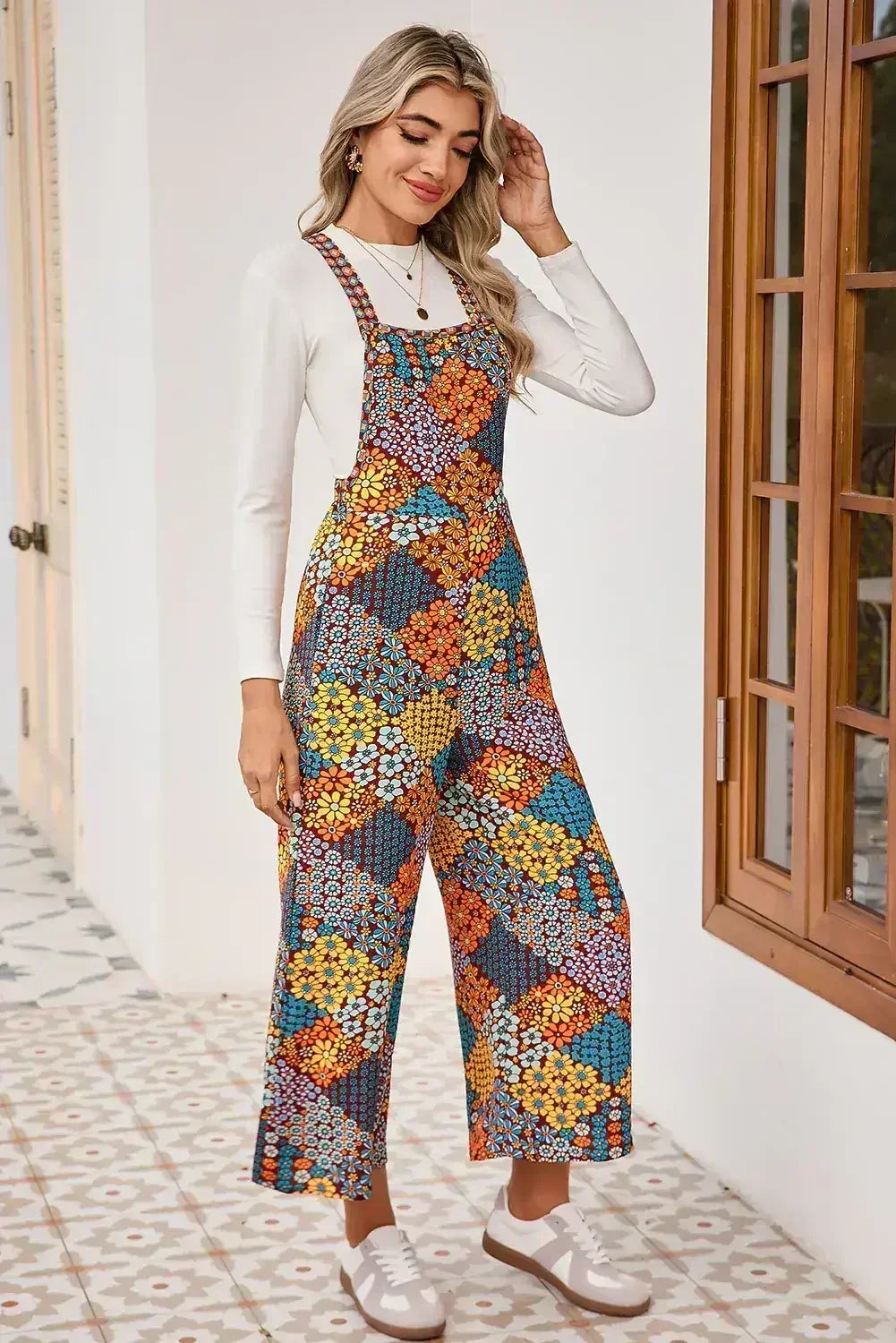 Multicolour Boho Floral Print Cropped Wide Leg Overalls - Femstylo