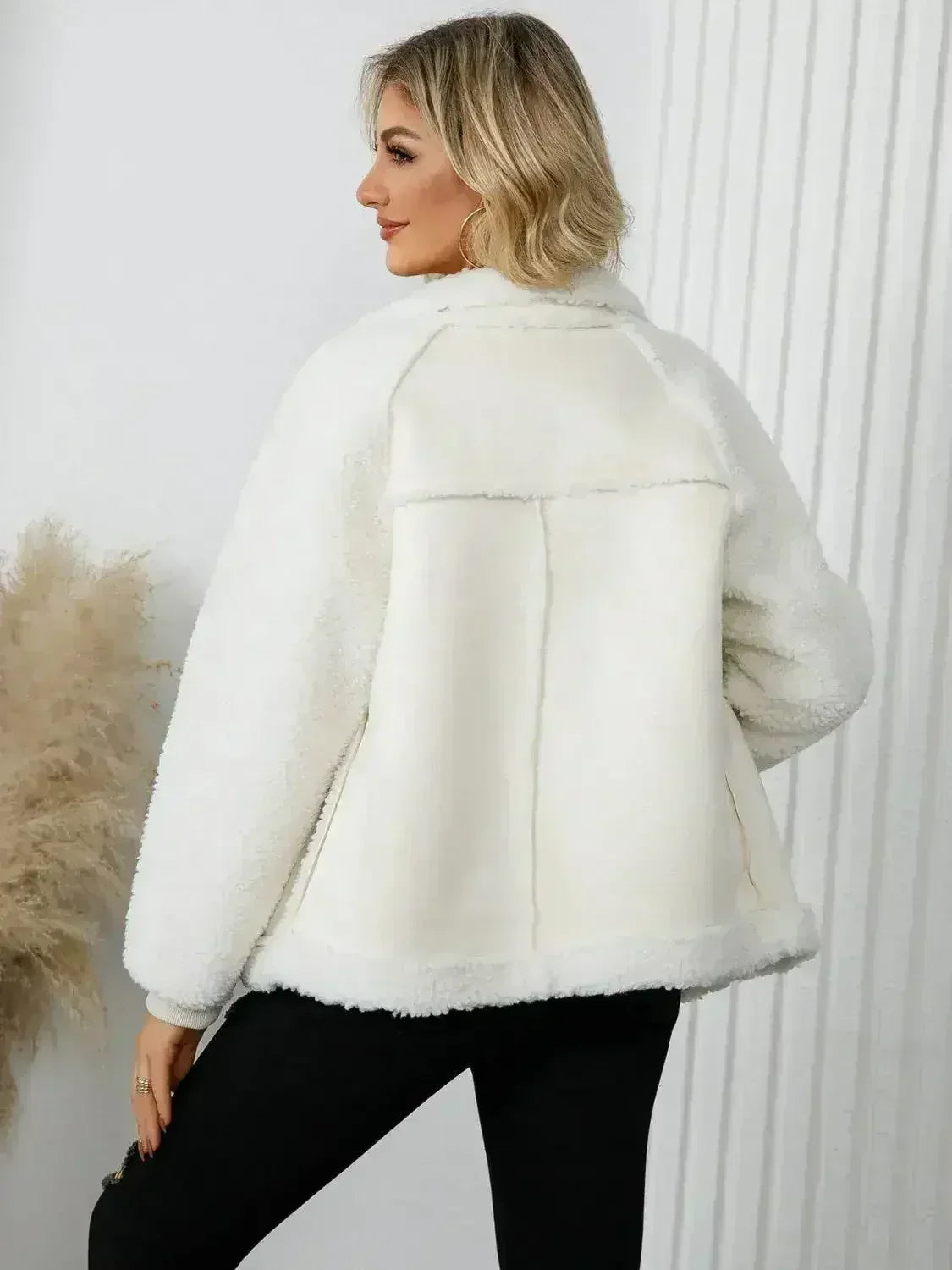 Pocketed Sherpa Zip Up Long Sleeve Jacket - Femstylo