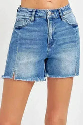 RISEN Front Slit Raw Hem Denim Shorts - Femstylo