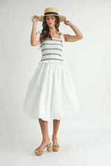 MABLE Smocked Bodice Bubble Midi Dress - Femstylo