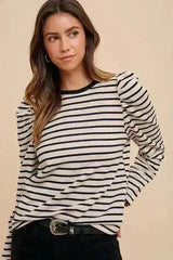Annie Wear Striped Round Neck Puff Sleeve French Terry Top - Femstylo