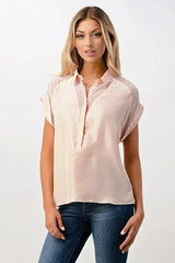 Rolled Sleeve Button-Up Satin Blouse - Femstylo