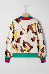 Apricot Contrast Ribbed Stripes Animal Pattern Knit Sweater