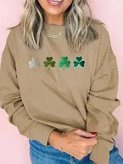 Embroidered Clover Pattern Round Neck Sweatshirt - Femstylo
