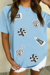 Light Blue Cheer Game Day Element Sequin Patched T Shirt