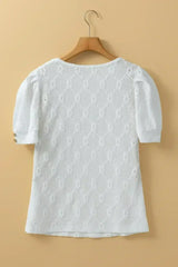 White Embroidered Floral Geometric Button Short Sleeve Top | Femstylo - Femstylo