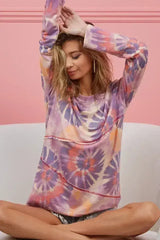 BiBi Tie Dye French Terry Top with Cut Edge and Contrast - Femstylo