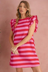 Black Stripe Flutter Sleeve Round Neck Shift Mini Dress - Femstylo