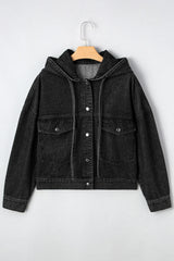 Black Chest Pocket Drop Shoulder Hooded Denim Jacket