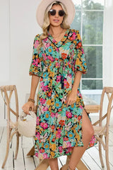 Green Boho Floral Puff Sleeve V Neck Tassel Drawstring Midi Dress - Femstylo