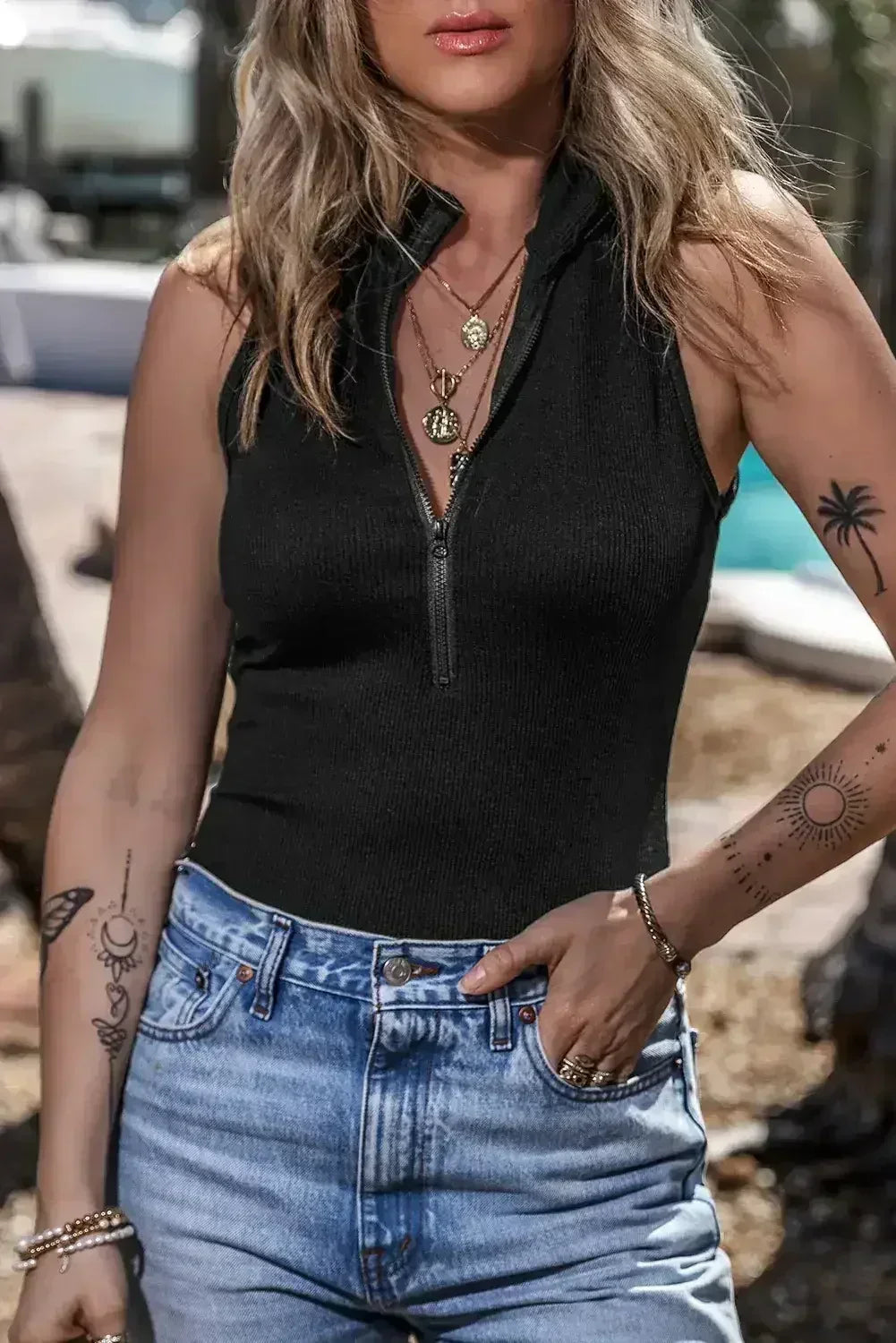 Black Zip Up Mock Neck Ribbed Sleeveless Bodysuit - Femstylo