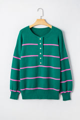 Green Striped Half Button Drop Shoulder Oversized Sweater
