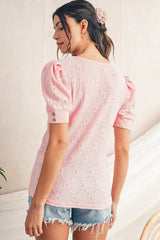 White Embroidered Floral Geometric Button Short Sleeve Top | Femstylo - Femstylo