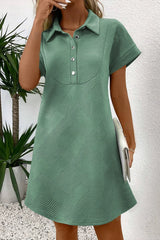 Bright Green Textured V Button Collared Mini Dress