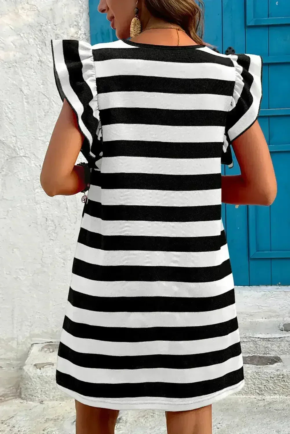 Black Stripe Flutter Sleeve Round Neck Shift Mini Dress - Femstylo
