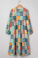 Sky Blue Floral Checkered Pattern Bubble Sleeve Ruffle Hem Dress