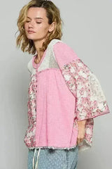 POL Washed Floral Print Crochet Detail Top - Femstylo