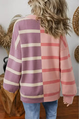 Pink Striped Patchwork Drop Shoulder Sweater - Femstylo
