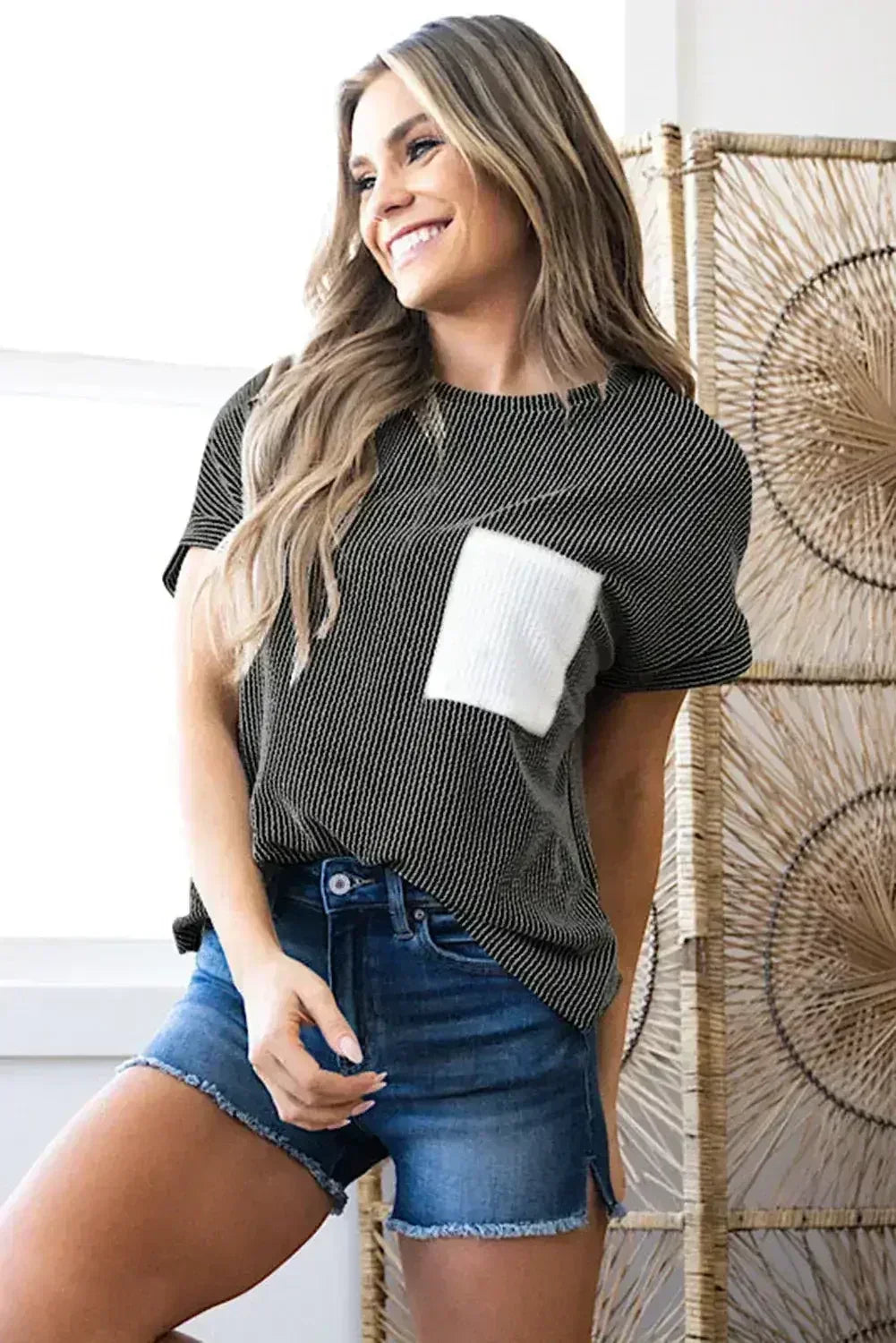 Pink Corded Colorblock Pocket Crew Neck T Shirt - Femstylo