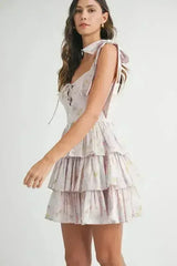 MABLE Floral Print Shoulder Tie Layered Mini Dress - Femstylo