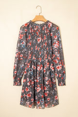 Brown Frilly Smocked Bodice Floral Mesh Long Sleeve Mini Dress