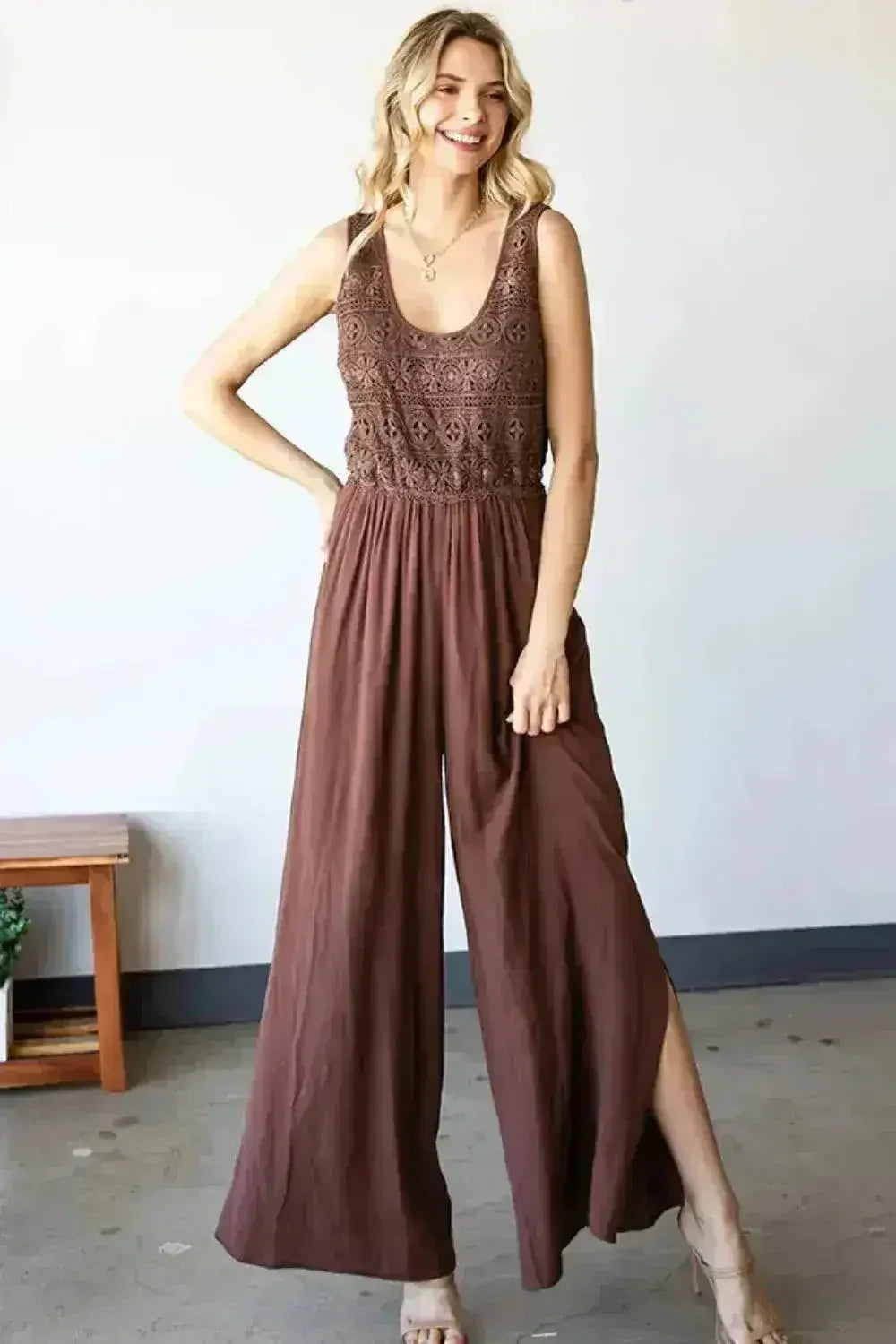 First Love Tie Back Sleeveless Slit Wide Leg Jumpsuit - Femstylo