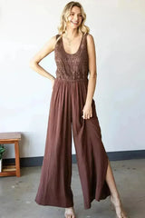 First Love Tie Back Sleeveless Slit Wide Leg Jumpsuit - Femstylo