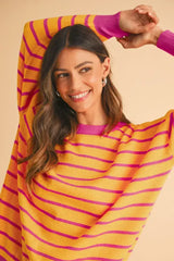 Pink Stripe Round Neck Drop Shoulder Loose Sweater - Femstylo