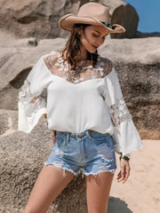 White Lace Round Neck Long Sleeve Blouse | Femstylo - Femstylo