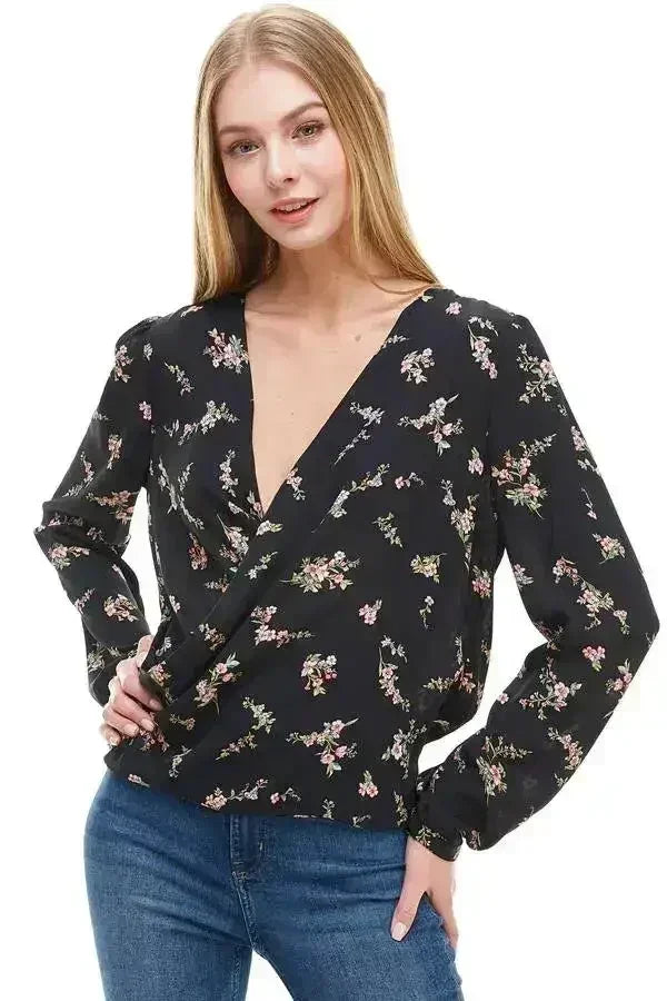 Long Sleeve Surplice Floral Top - Femstylo