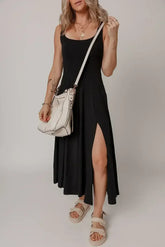 Black Sleeveless Scoop Neck Flared Split Midi Dress - Femstylo