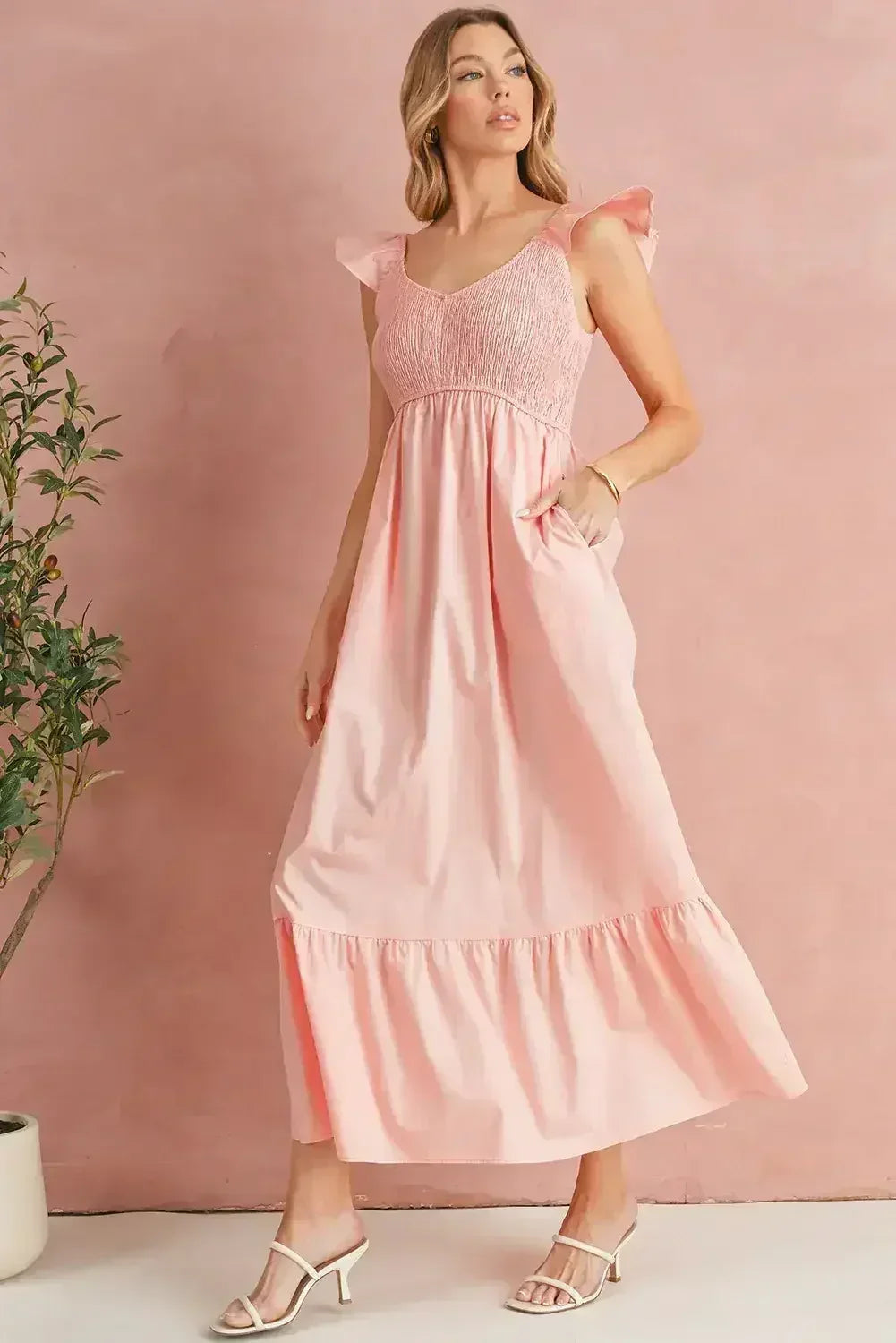 Black V Neck Flutter Sleeve Smocked Bodice High Waist Ruffle Maxi Dress - Femstylo