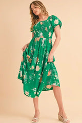 Green Floral Print Bubble Sleeve Smocked Tiered Midi Dress - Femstylo