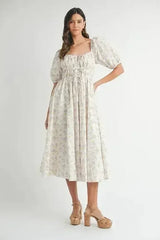 MABLE Floral Drawstring Detail Puff Sleeve Midi Dress - Femstylo