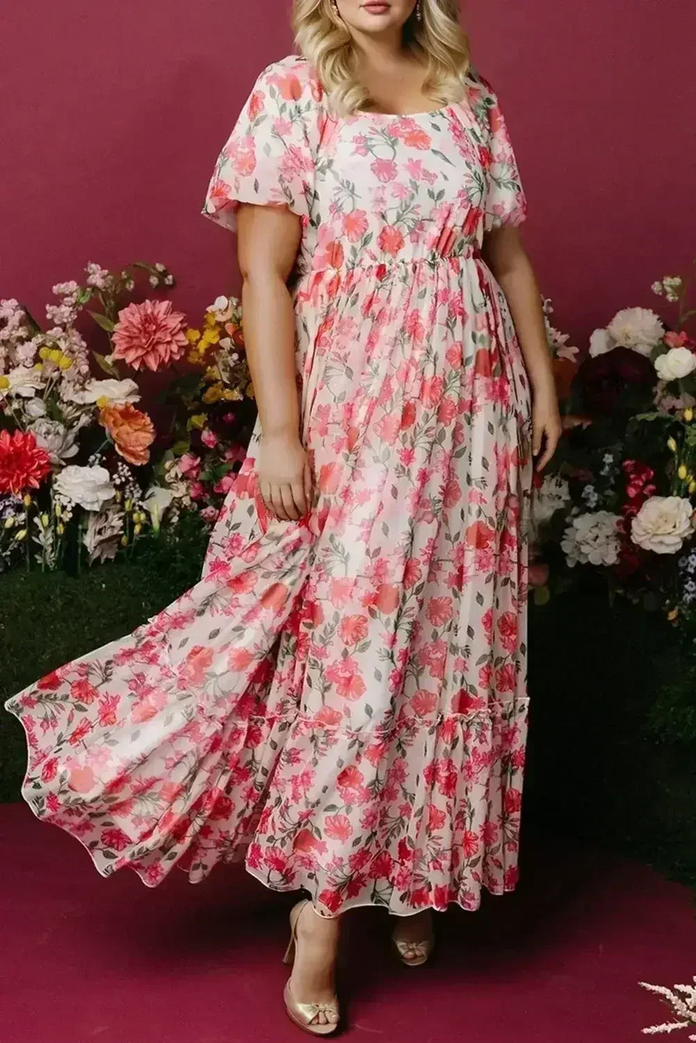 Pink Plus Size Floral Square Neck Puff Sleeve Ruffle Maxi Dress - Femstylo