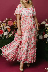 Pink Plus Size Floral Square Neck Puff Sleeve Ruffle Maxi Dress - Femstylo