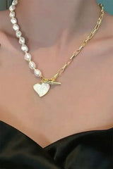 Gold Heart Shape Pendant Rhinestone Pearl Chain Necklace - Femstylo