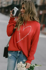Red Casual Rhinestone Heart Shaped Graphic Sweatshirt - Femstylo