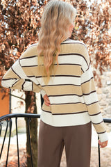 Khaki Striped Colorblock Zip Neck Knit Sweater
