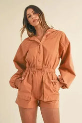 Mable Snap Down Long Sleeve Hooded Romper - Femstylo