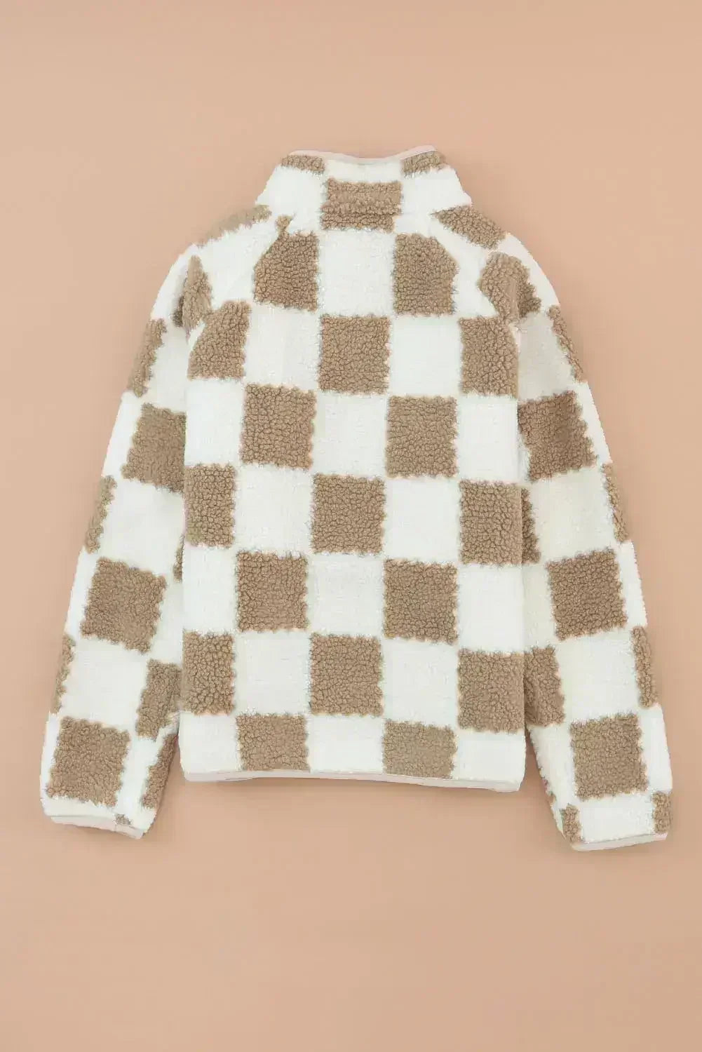 Brown Checked Snap Button Sherpa Jacket - Femstylo