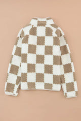 Brown Checked Snap Button Sherpa Jacket - Femstylo