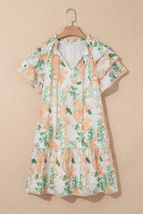 Sky Blue Floral Contrast Edge Ruffle Sleeve Tie Neck Mini Dress - Femstylo