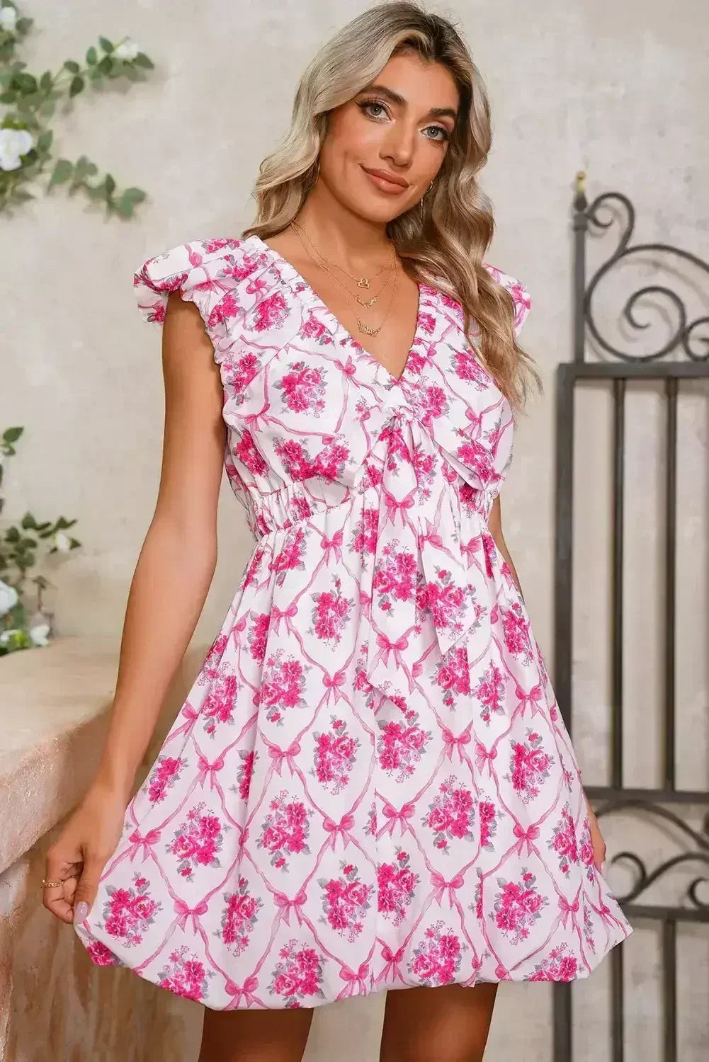 Multicolour Boho Bow Floral Print Knot V Neck Mini Dress - Femstylo