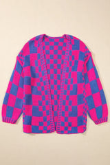 Taupe Colorblock Checked Open Front Knitted Cardigan