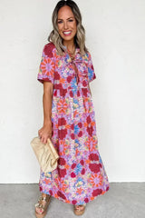 Rose Floral Print Tie Front High Waist Loose Midi Dress - Femstylo