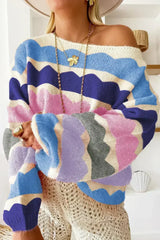 Dark Blue Wave Striped Balloon Sleeve Drop Shoulder Sweater - Femstylo